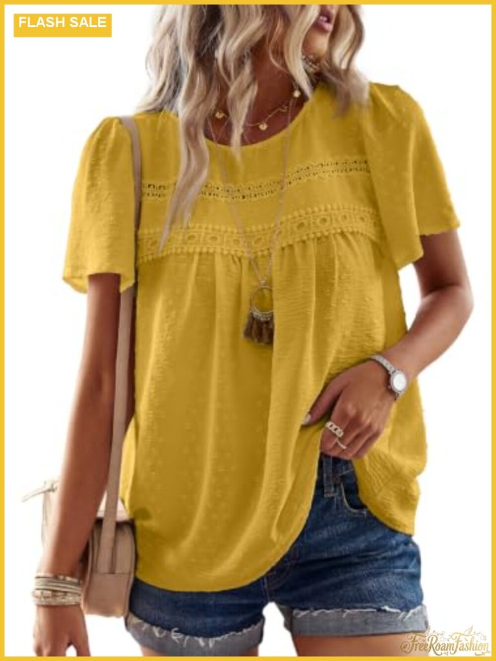 Womens Boho Crochet Lace Short Sleeve Tunic Top Flowy Casual Blouse